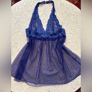 💜💙 Ultra-Vibrant Purple & Blue Victoria’s Secret Halter Lace & Mesh Slip - M 💜💙